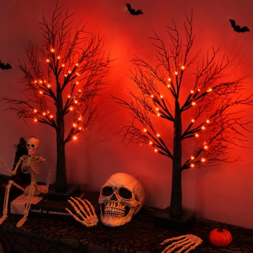 Set of 2 Lighted Halloween Tabletop Trees – 24" Black with Orange & Purple LEDs