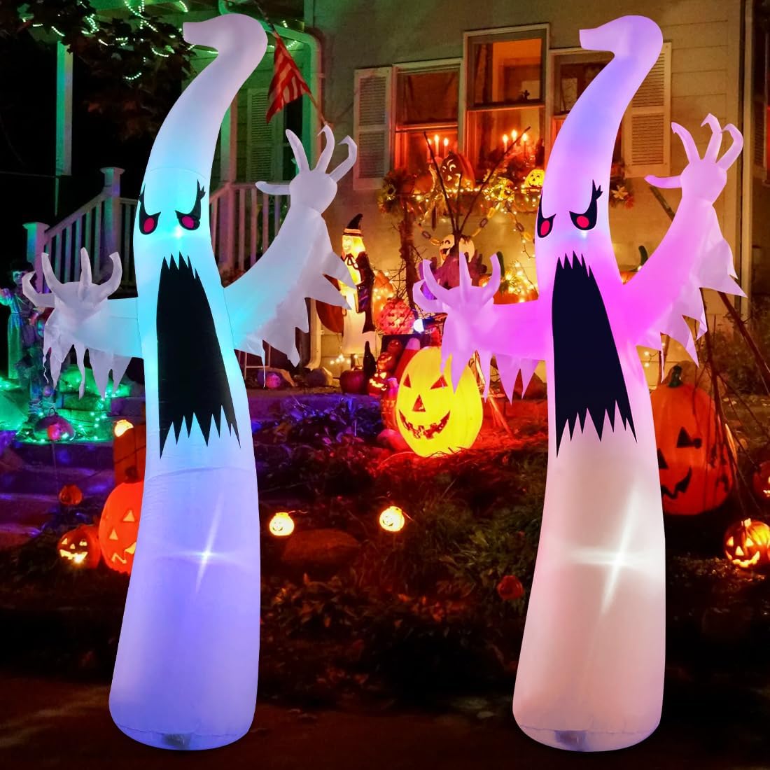 Halloween Inflatable Ghost 6FT / 12FT | Outdoor Yard Decoration with Colorful LEDs & Red Eyes
