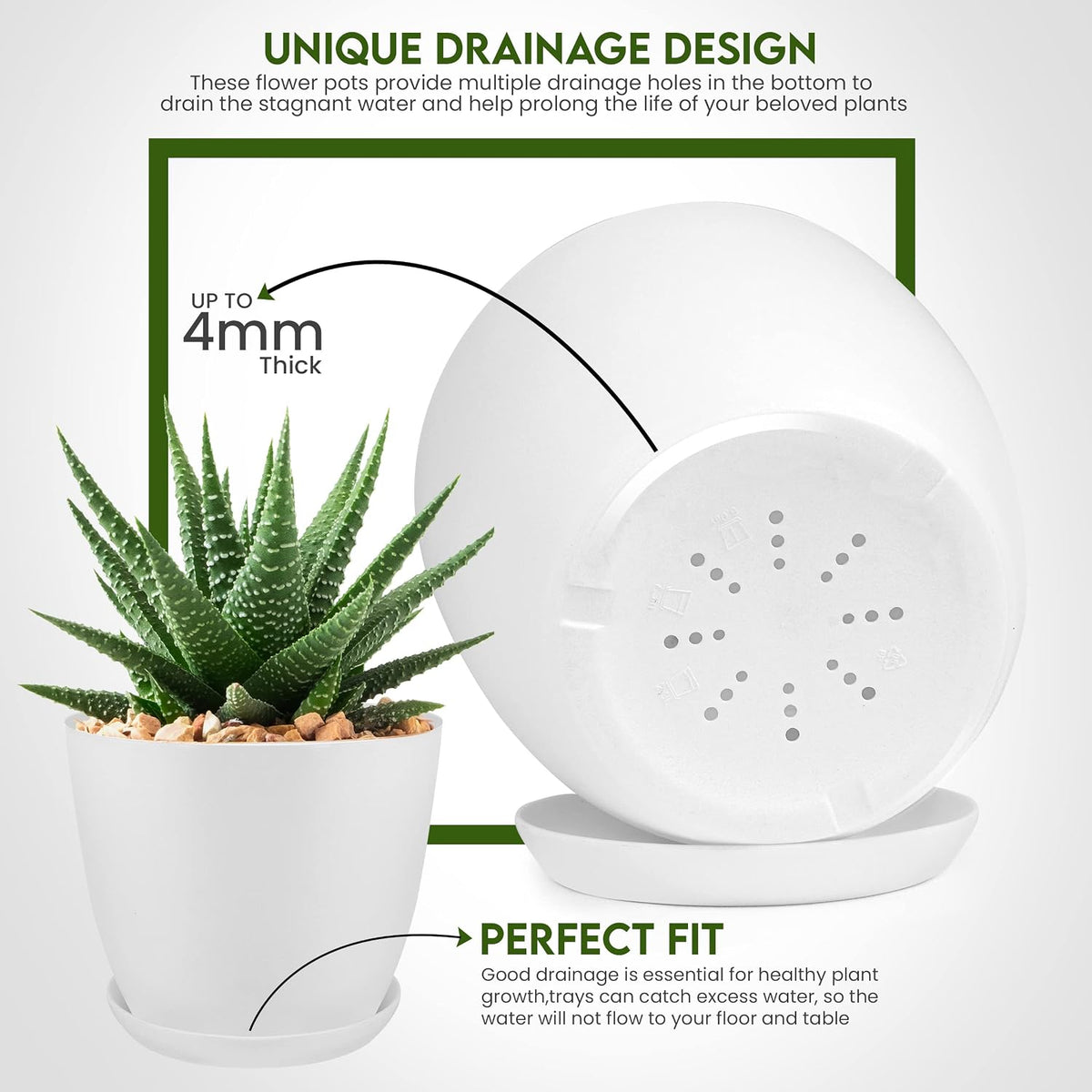 Set of 5 Indoor Plant Pots with Drainage & Saucers – 4.8" to 7"
