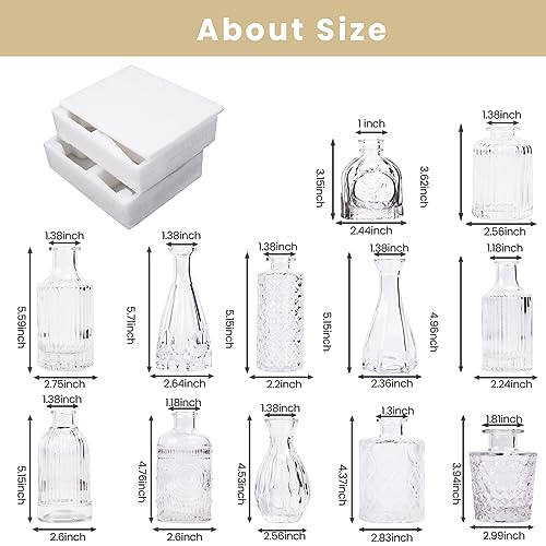 Clear Glass Bud Vases Set of 12 – Vintage Etched Mini Vases for Decor & Weddings
