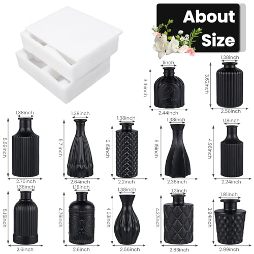 Black Glass Bud Vases Set of 12 – Vintage Etched Mini Vases for Decor & Weddings