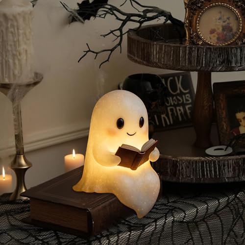 Halloween Ghost Reading Book Lamp | Resin Ghost Figurine Night Light Decor