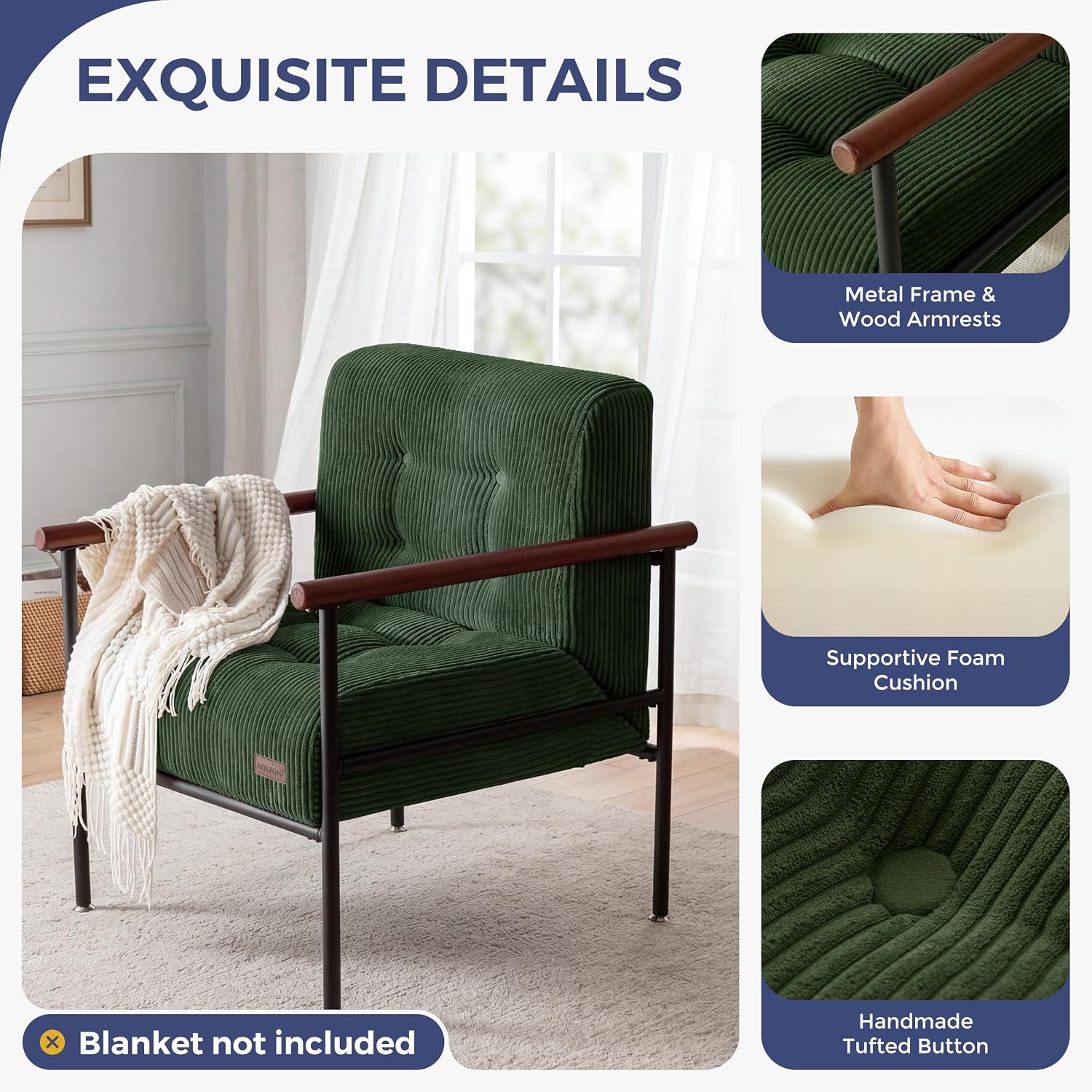 Tufted Accent Chair for Living Room | Modern Armchair with Wood Armrests