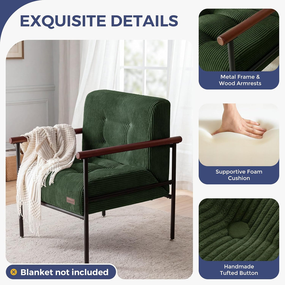 Tufted Accent Chair for Living Room | Modern Armchair with Wood Armrests