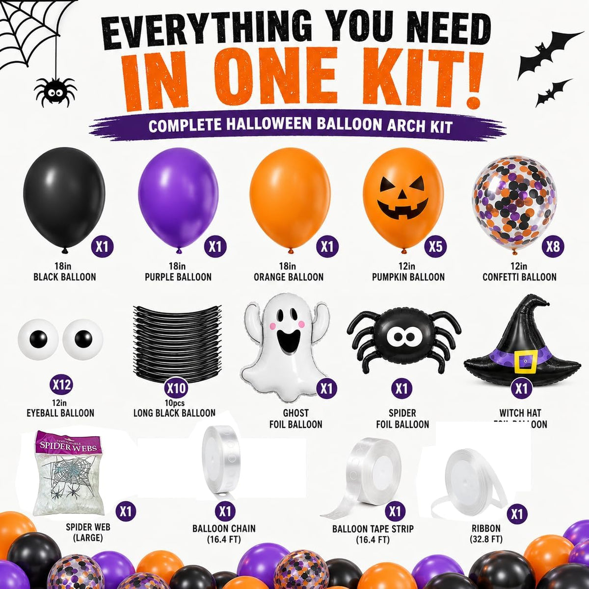 156pc Halloween Balloon Arch Kit with Spider Webs & Themed Balloons