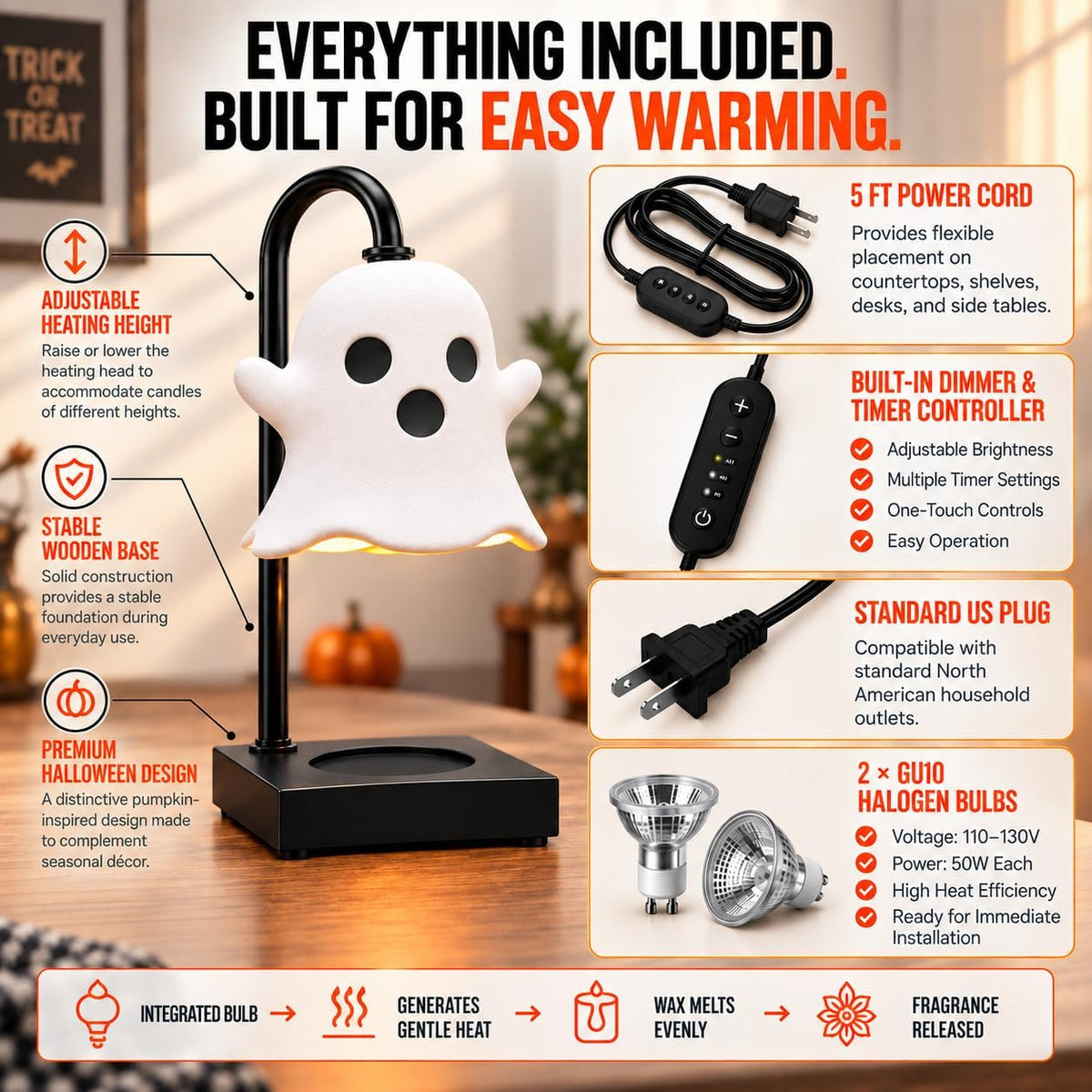Ghost Candle Warmer Lamp with Timer & Dimmer – Cute Halloween Decor