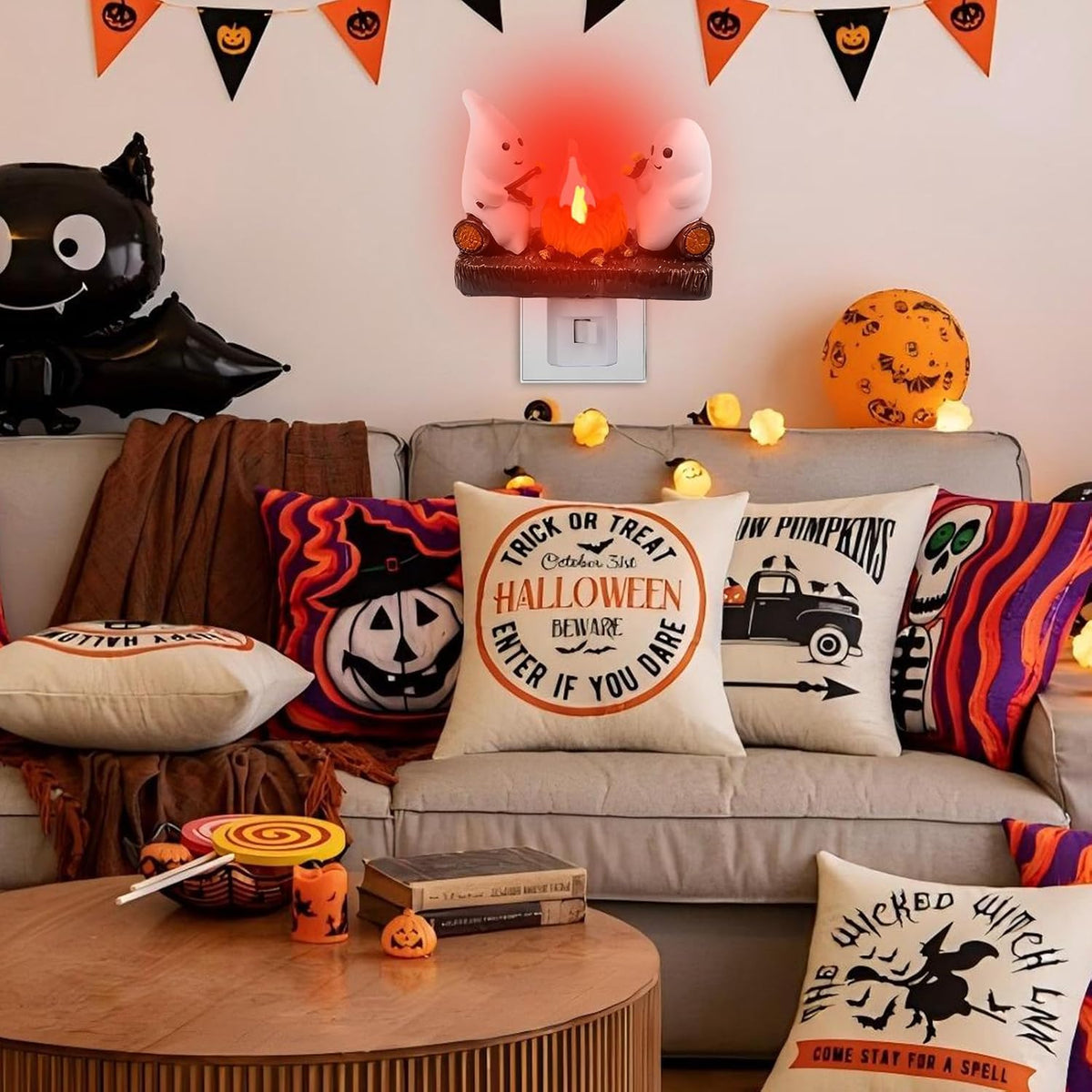 Ghost Campfire Night Light | Flickering Halloween Figurine Lamp, Plug-In