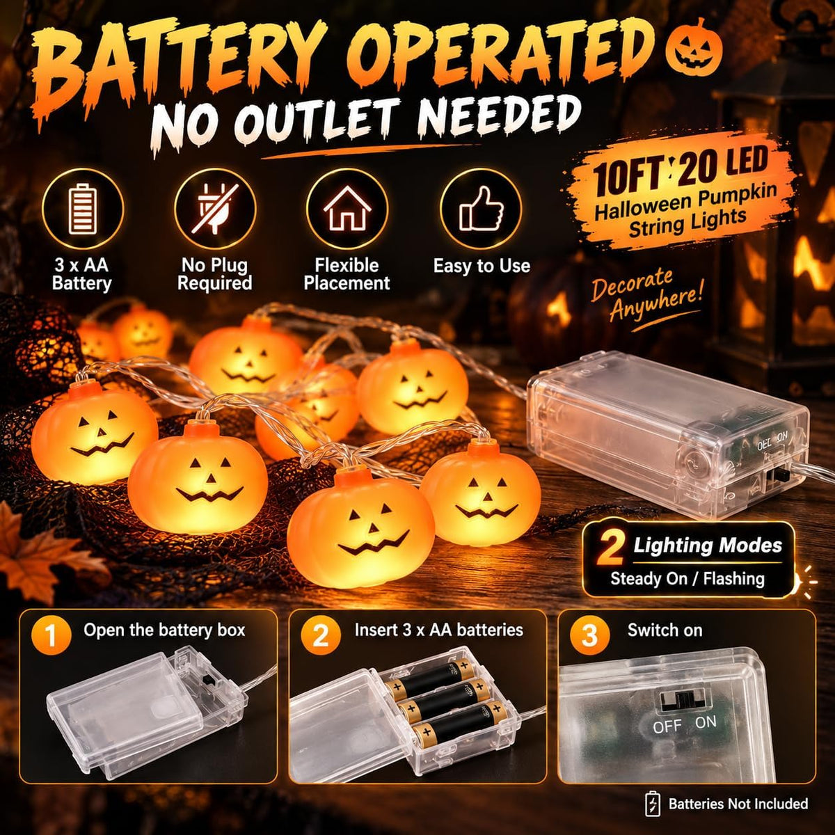 Halloween Pumpkin String Lights – 20 LED, 10FT, Battery Operated