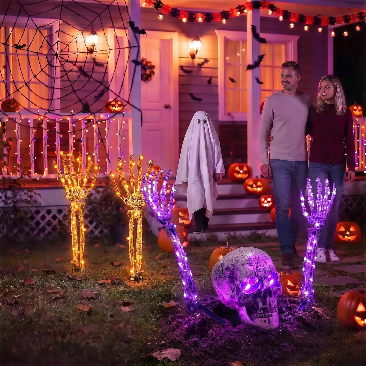 Light-Up Skeleton Yard Stakes – 5pc Set with Skull & Hands, 8 Lighting Modes