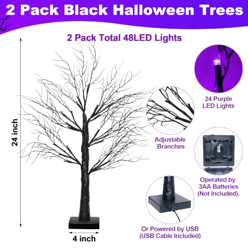 Set of 2 Lighted Halloween Tabletop Trees – 24" Black with Orange & Purple LEDs