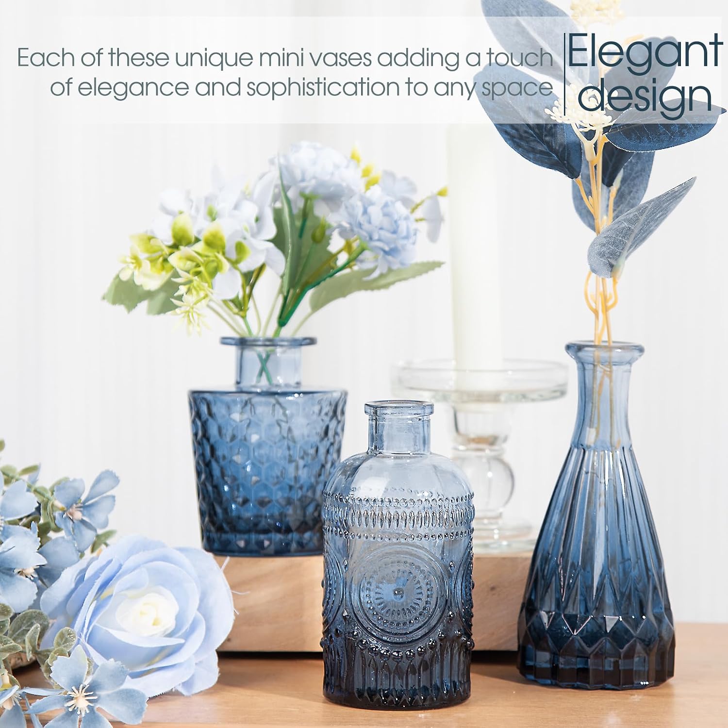 Blue Glass Bud Vases Set of 12 – Vintage Etched Mini Vases for Decor & Weddings