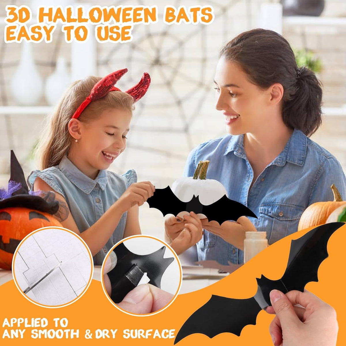 3D Bat Wall Decals 120 Pack | Halloween Bat Stickers in 4 Sizes, Waterproof