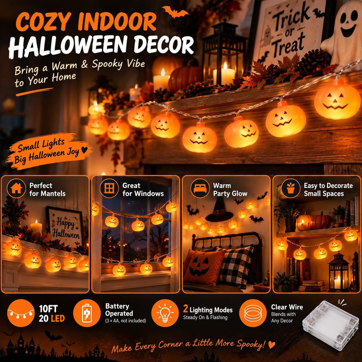 Halloween Pumpkin String Lights – 20 LED, 10FT, Battery Operated