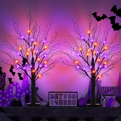 Set of 2 Lighted Halloween Tabletop Trees – 24" Black with Orange & Purple LEDs