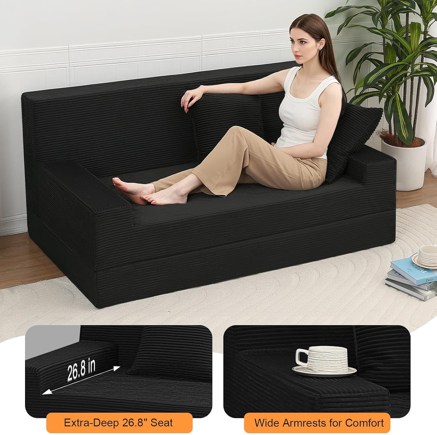59" Convertible Corduroy Loveseat Sofa Bed – Folds Flat, No Assembly