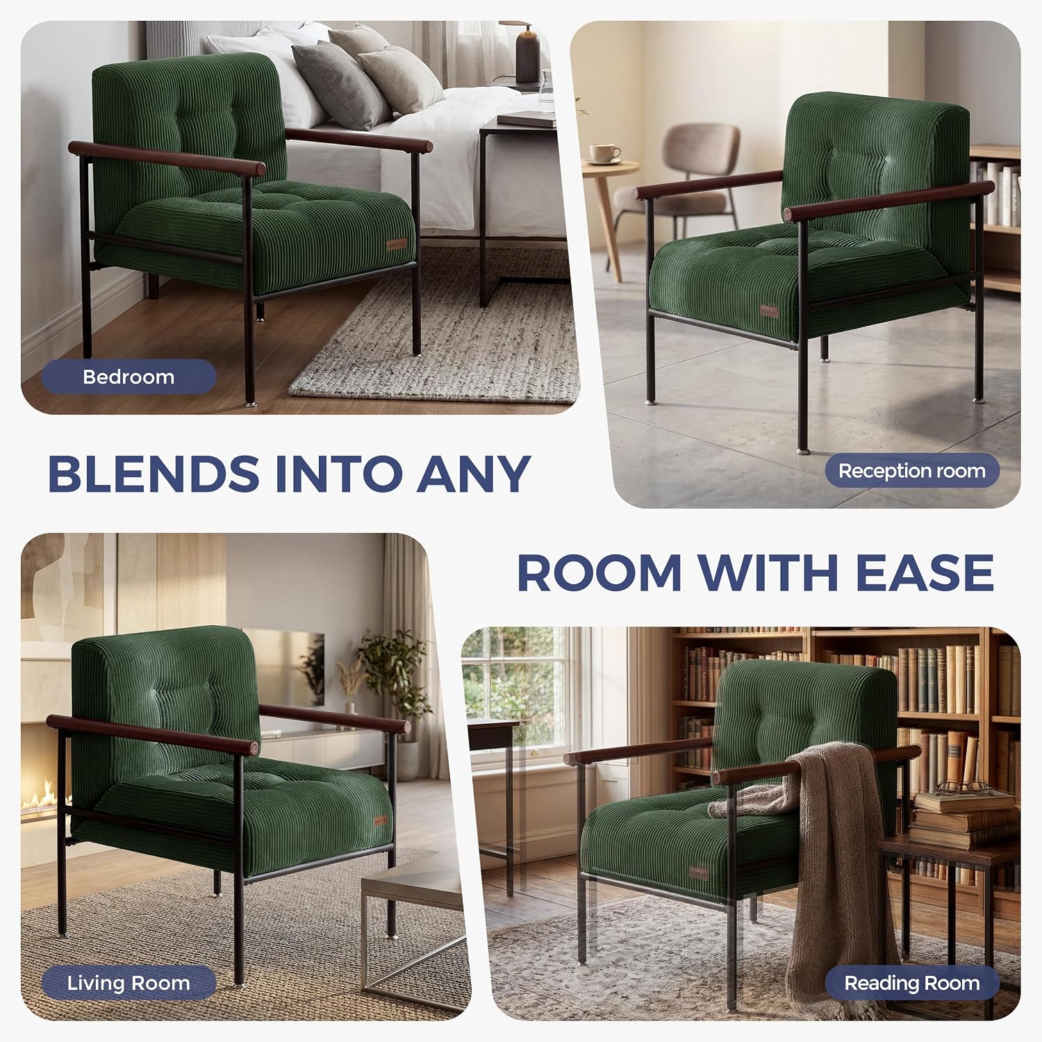 Tufted Accent Chair for Living Room | Modern Armchair with Wood Armrests