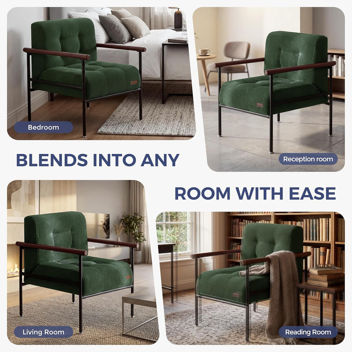 Tufted Accent Chair for Living Room | Modern Armchair with Wood Armrests