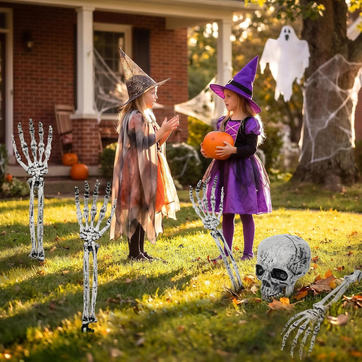 Light-Up Skeleton Yard Stakes – 5pc Set with Skull & Hands, 8 Lighting Modes