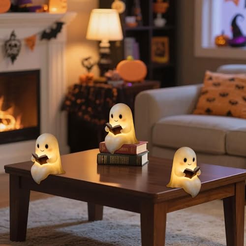 Halloween Ghost Reading Book Lamp | Resin Ghost Figurine Night Light Decor