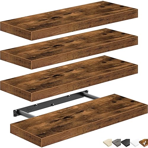 Set of four floating wall shelves with hidden brackets