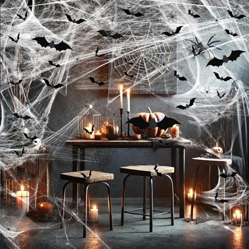 Halloween Spider Web Decoration Set with Fake Bats & Spiders – 1600 sqft