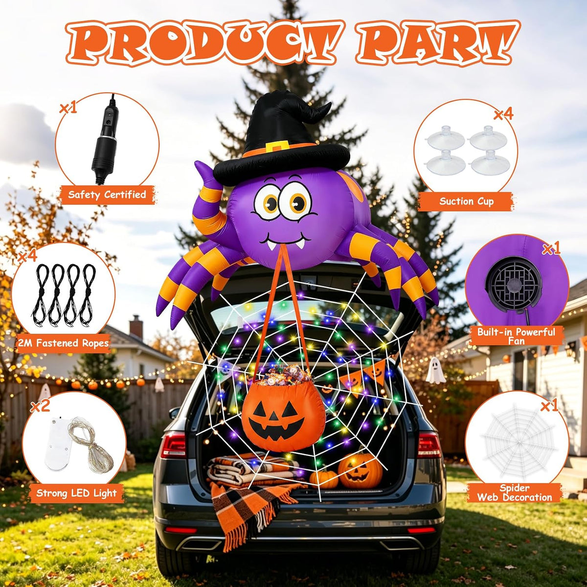 Halloween Inflatable Spider 5FT | Trunk or Treat Car Decoration with LED Lights