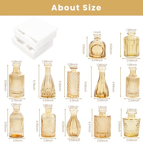 Amber Glass Bud Vases Set of 12 – Vintage Etched Mini Vases for Decor & Weddings