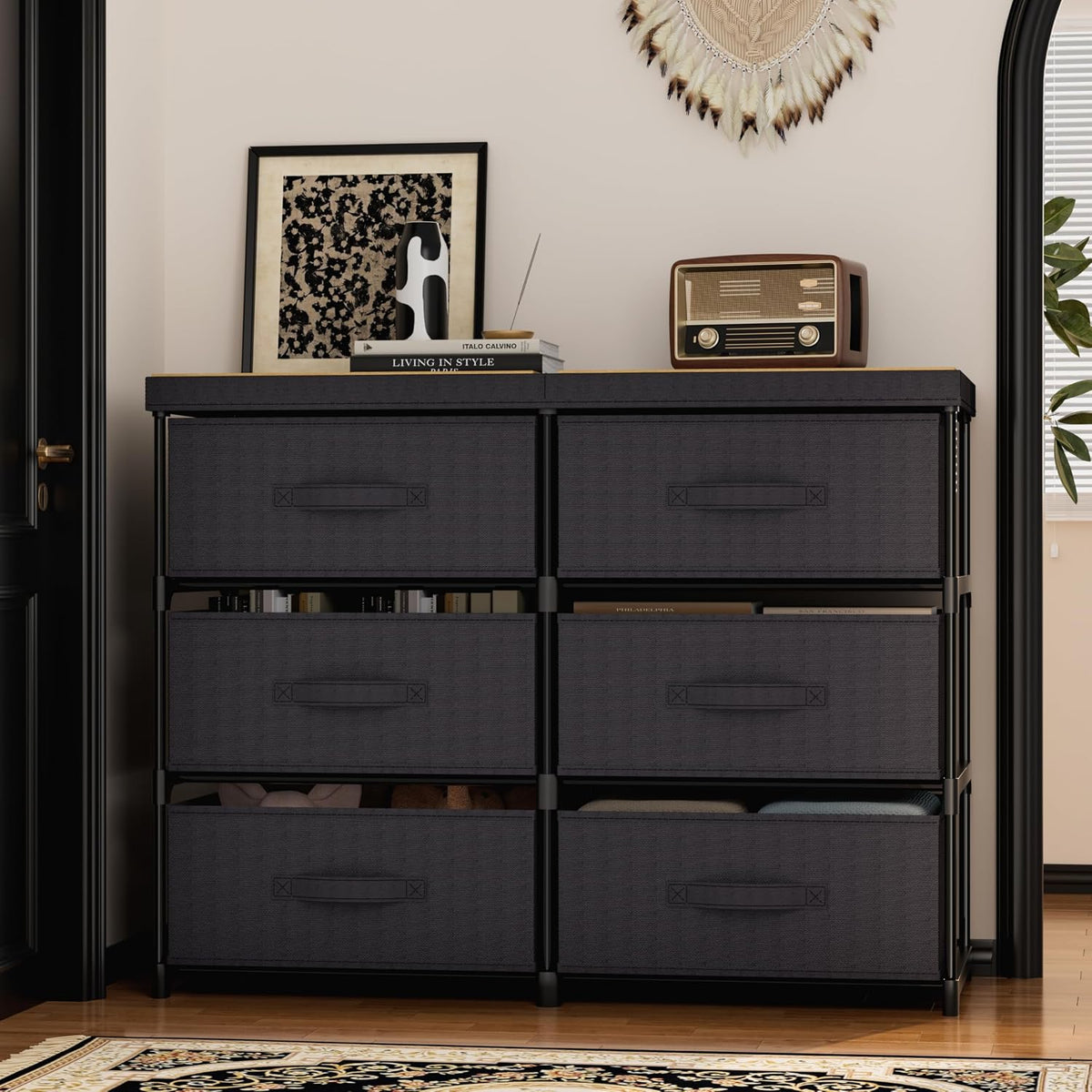 Fabric Drawer Dresser with Wood Top – Iron Frame Storage Organizer