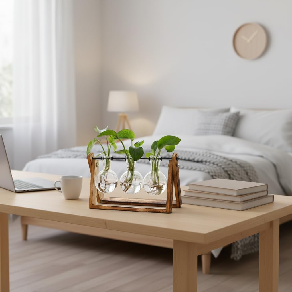 Glass Propagation Station | Wooden Stand with 3 Bulb Vases for Plant Cuttings