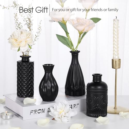 Black Glass Bud Vases Set of 12 – Vintage Etched Mini Vases for Decor & Weddings