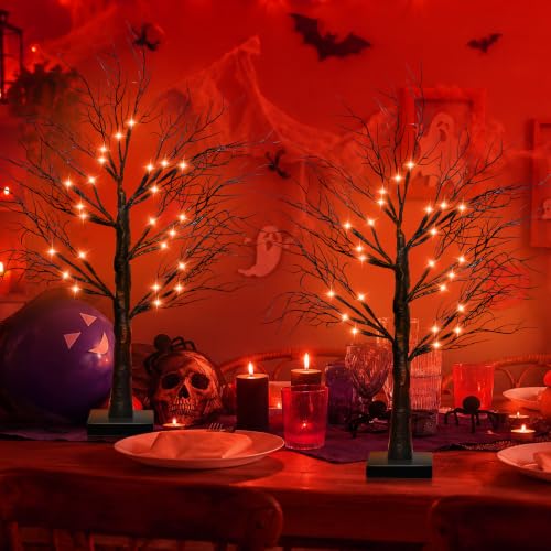 Set of 2 Lighted Halloween Tabletop Trees – 24" Black with Orange & Purple LEDs