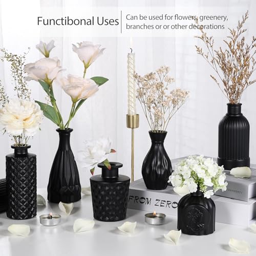 Black Glass Bud Vases Set of 12 – Vintage Etched Mini Vases for Decor & Weddings