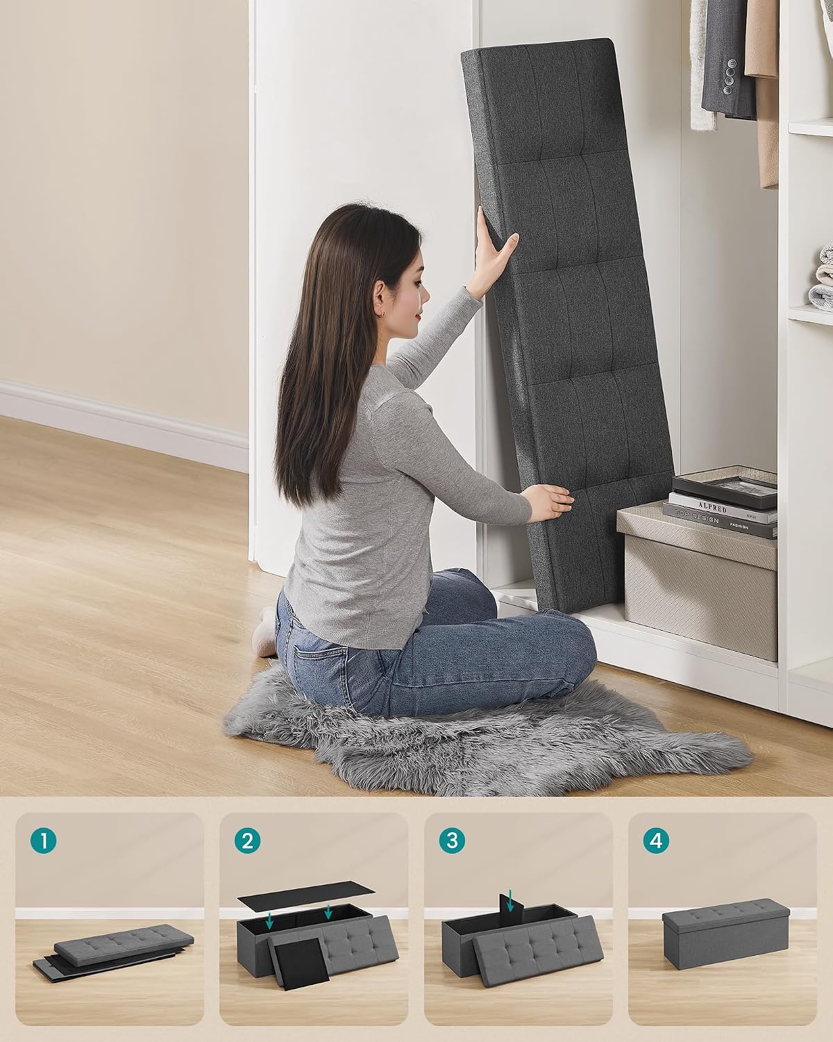 Storage Ottoman Bench 43" – Foldable Tufted Bench with 35 Gallon Storage