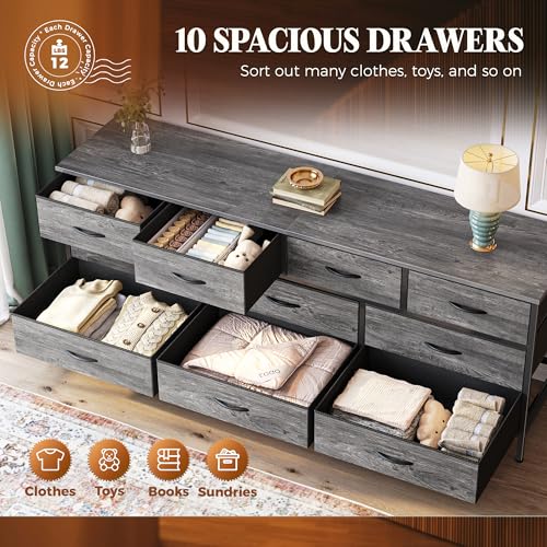10 Drawer Fabric Dresser with Wood Top – Doubles as a 63" TV Stand