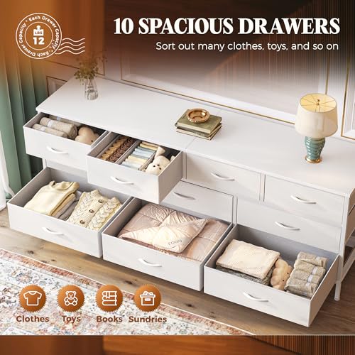 10 Drawer Fabric Dresser with Wood Top – Doubles as a 63" TV Stand