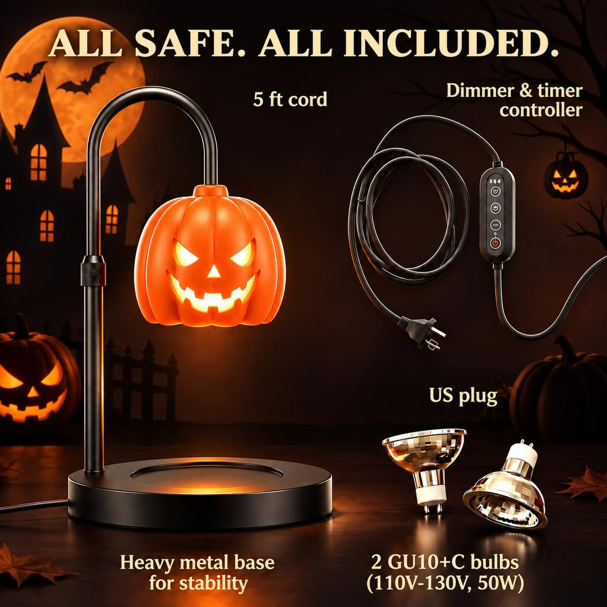 Pumpkin Candle Warmer Lamp with Timer & Dimmer – Gothic Halloween Decor