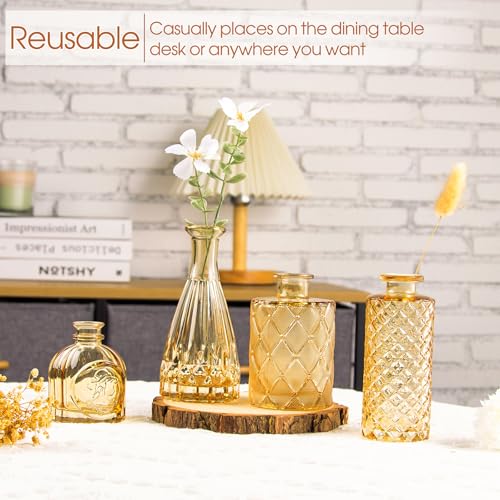 Amber Glass Bud Vases Set of 12 – Vintage Etched Mini Vases for Decor & Weddings