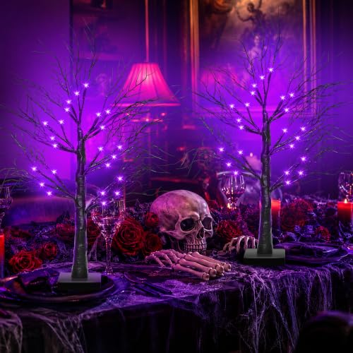 Set of 2 Lighted Halloween Tabletop Trees – 24" Black with Orange & Purple LEDs