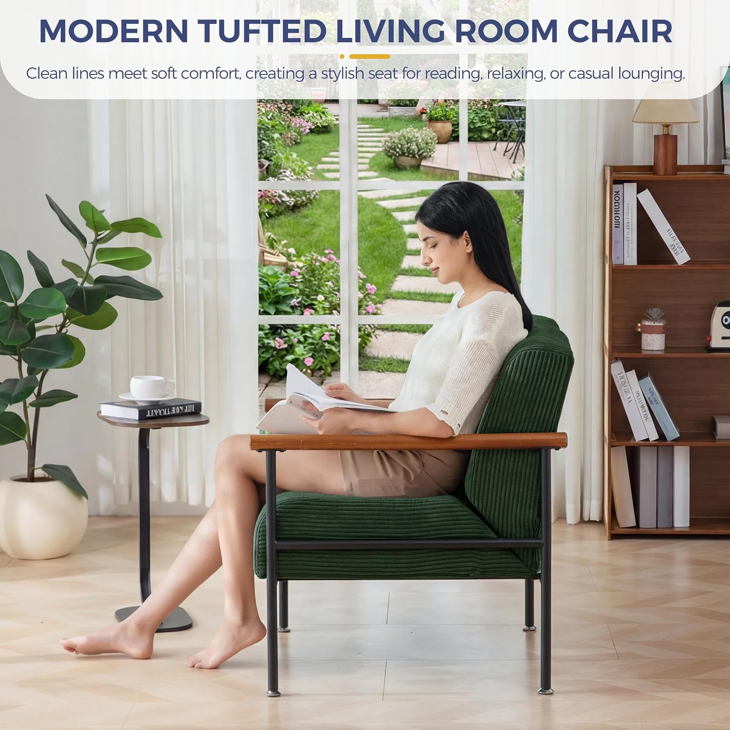 Tufted Accent Chair for Living Room | Modern Armchair with Wood Armrests