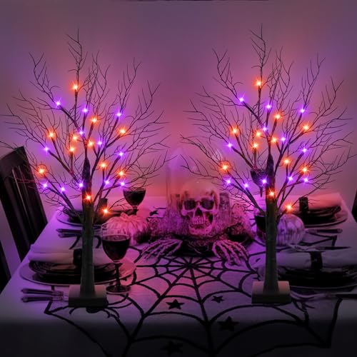Set of 2 Lighted Halloween Tabletop Trees – 24" Black with Orange & Purple LEDs