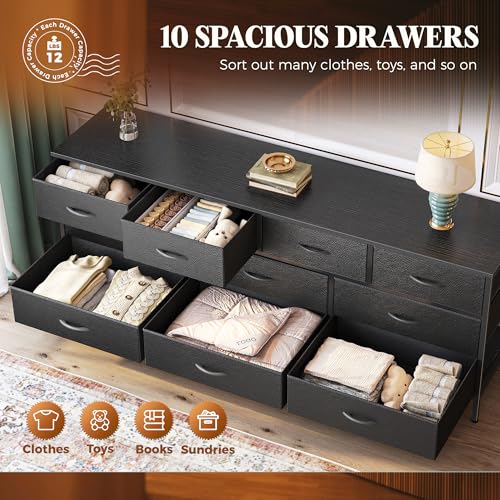10 Drawer Fabric Dresser with Wood Top – Doubles as a 63" TV Stand