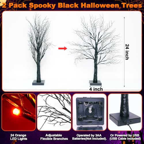 Set of 2 Lighted Halloween Tabletop Trees – 24" Black with Orange & Purple LEDs