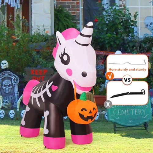 Halloween Inflatable Skeleton Unicorn 5FT | Pink Outdoor Yard Decoration with LED Lights