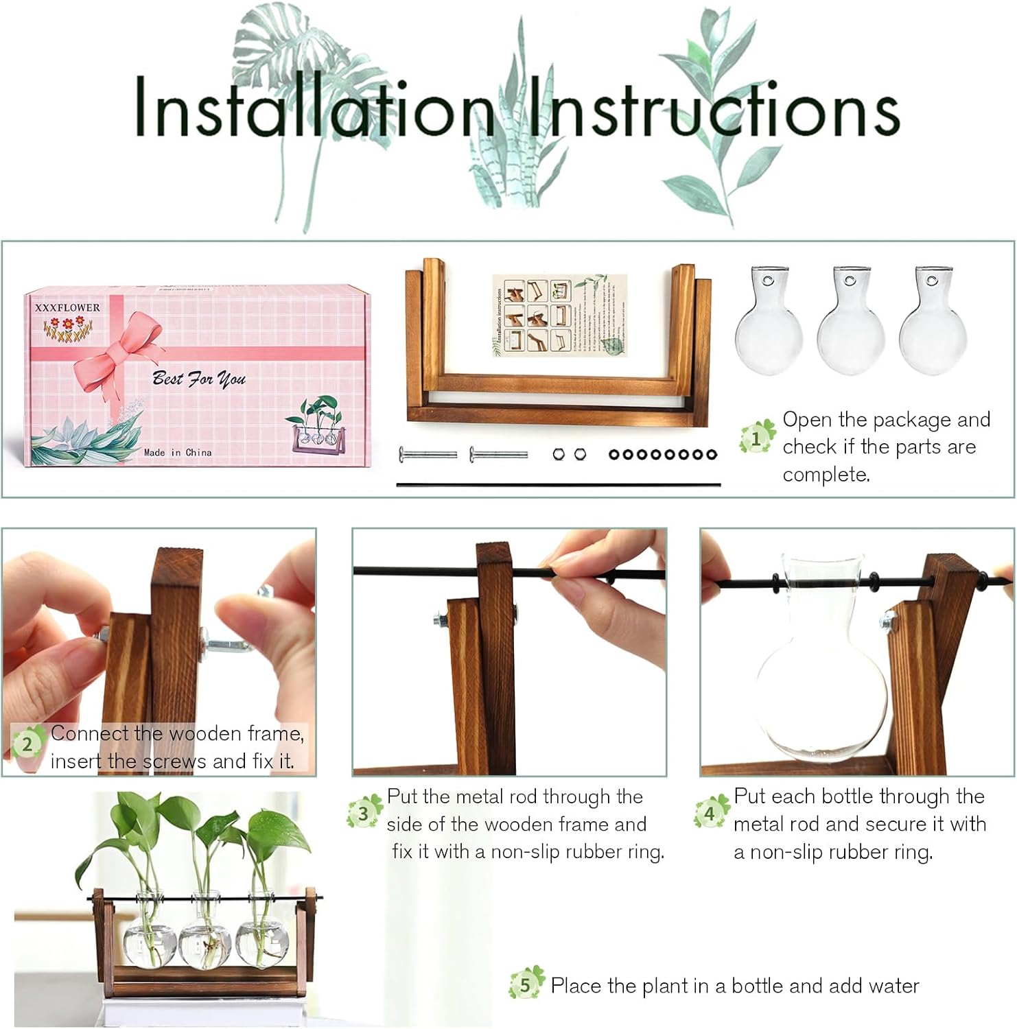 Glass Propagation Station | Wooden Stand with 3 Bulb Vases for Plant Cuttings