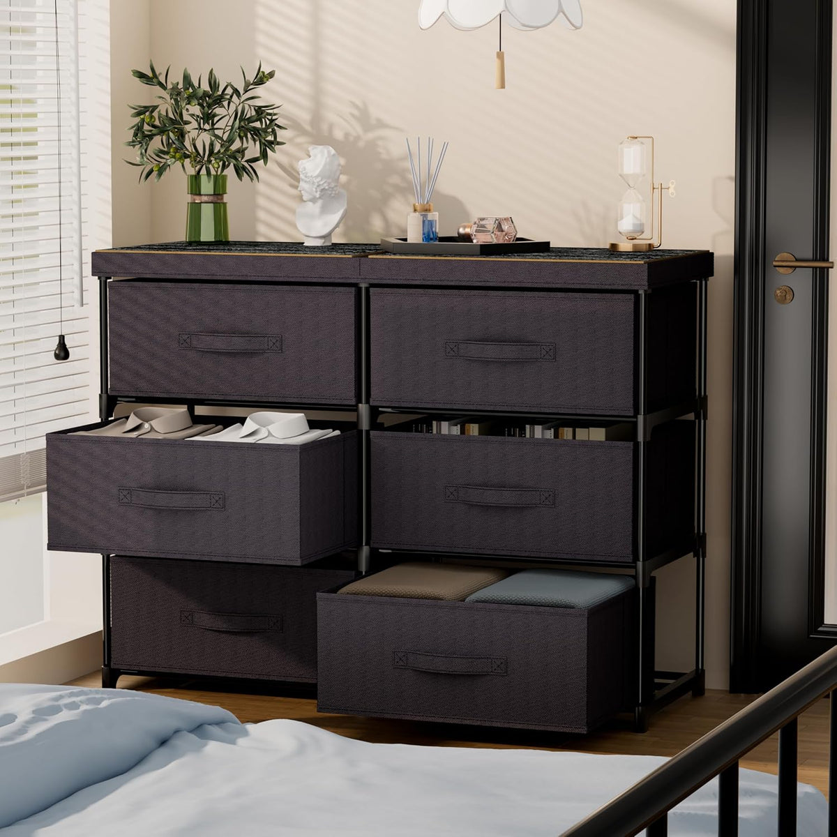 Fabric Drawer Dresser with Wood Top – Iron Frame Storage Organizer