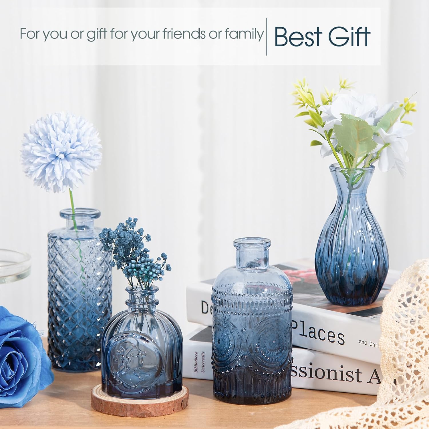 Blue Glass Bud Vases Set of 12 – Vintage Etched Mini Vases for Decor & Weddings