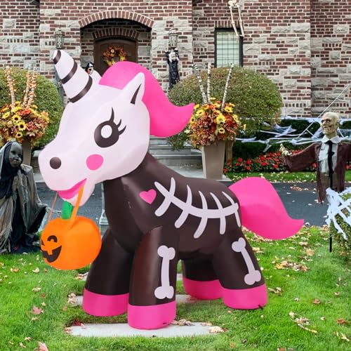 Halloween Inflatable Skeleton Unicorn 5FT | Pink Outdoor Yard Decoration with LED Lights