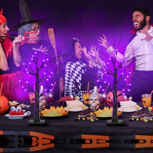 Set of 2 Lighted Halloween Tabletop Trees – 24" Black with Orange & Purple LEDs