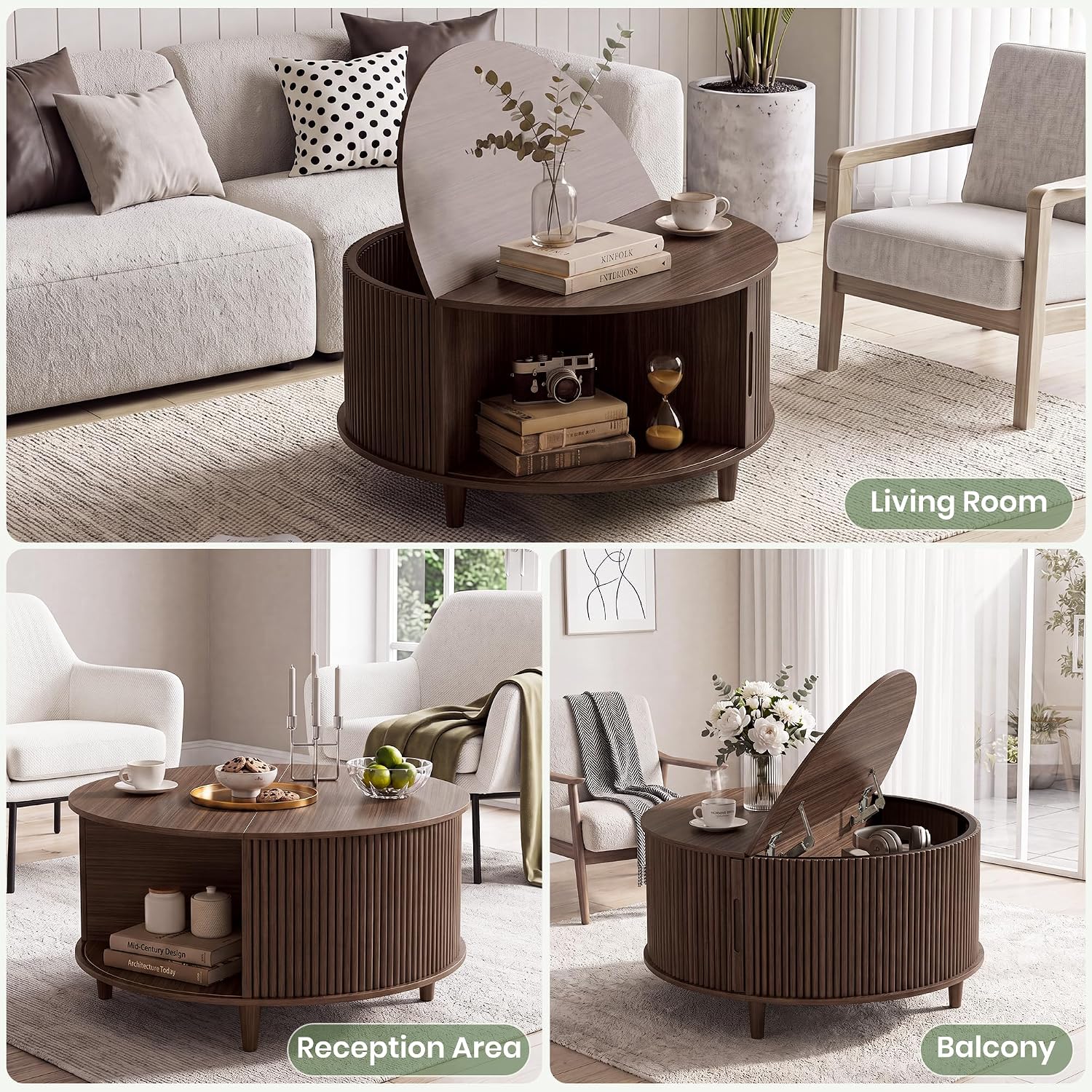Round Fluted Coffee Table 31.5" – Walnut Mid Century Table with Storage