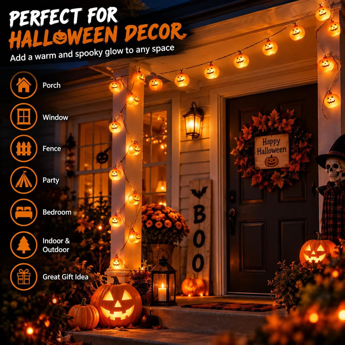 Halloween Pumpkin String Lights – 20 LED, 10FT, Battery Operated